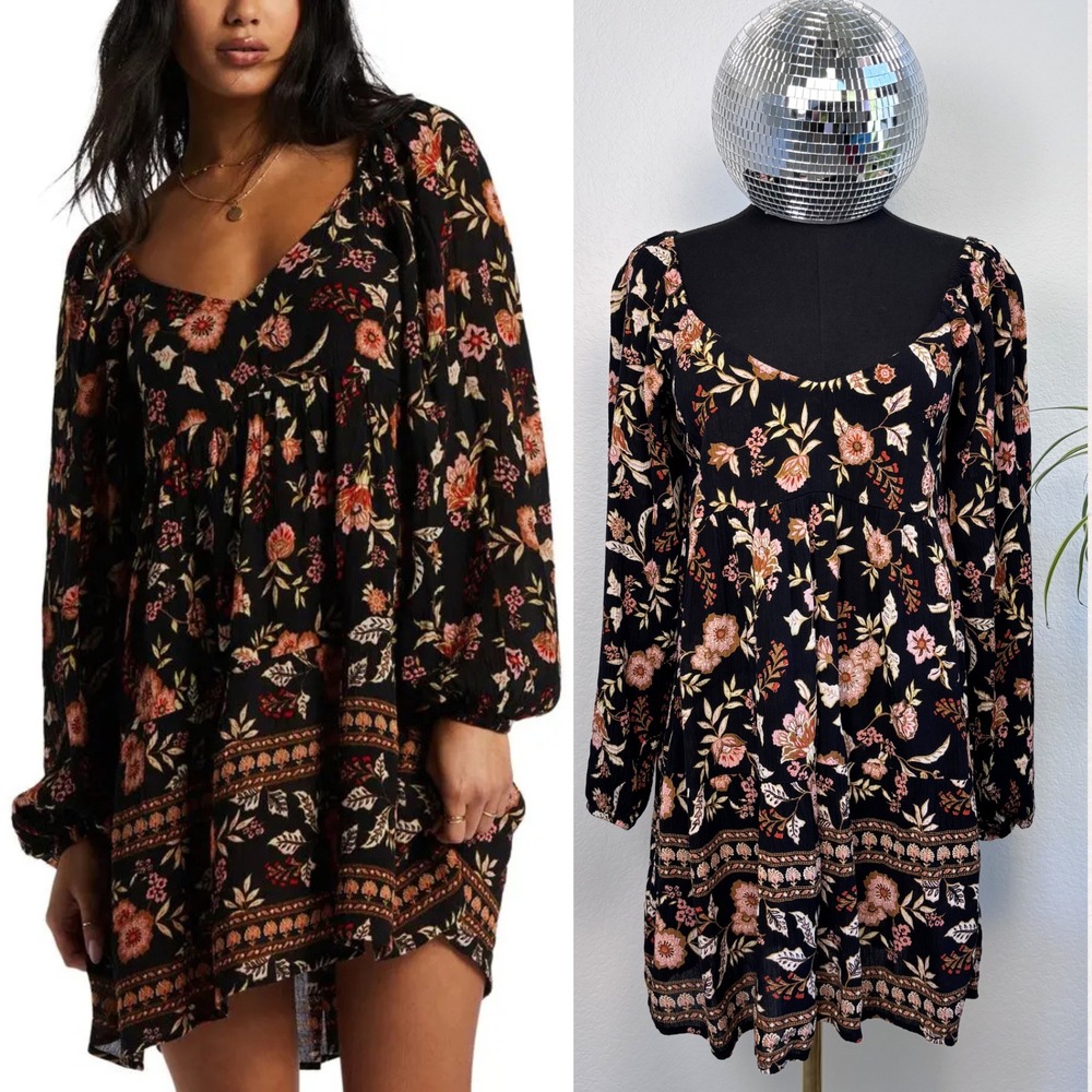 Billabong Sweet Side Floral Mini Dress Black Small | Festival Boho hippie Earthy